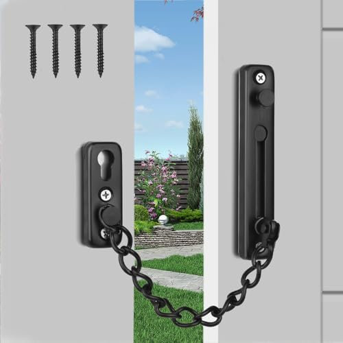 Door Chain Lock Stainless Steel Internal Door Chain Anti Theft Latch Chain Door Lock with Spring and Screws for Hotel Home Living Motel Apartment Bedroom (Black)