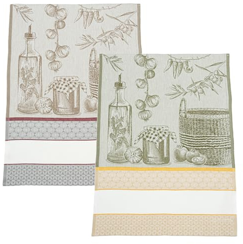 Filet - Set di 2 Canovacci per Cucina in Jacquard con Inserto in Tela Aida 55 Fori da Ricamare, Ideali per Asciugare le Stoviglie, Made in Italy, Disegno Olivo, Colore Verde e Corda