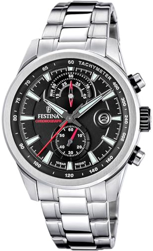 Festina Herren Uhr Analog aus Edelstahl 316L Silber - Quarzwerk - Chronograph - Kalender - Widerstandsfähiges Mineralglas - Wasserdicht bis 10 ATM F20694/6 Timeless Chronograph