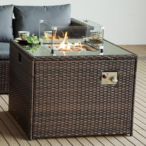 Rattan Gas Fire Pit Table with Lava Stones, Removeable Wind Guard & Lid Cover - Outdoor Coffee Table Top Fire Pit for Garden, Patio, Conservatory - RAIN COVER INCLUDED (Dark Brown)