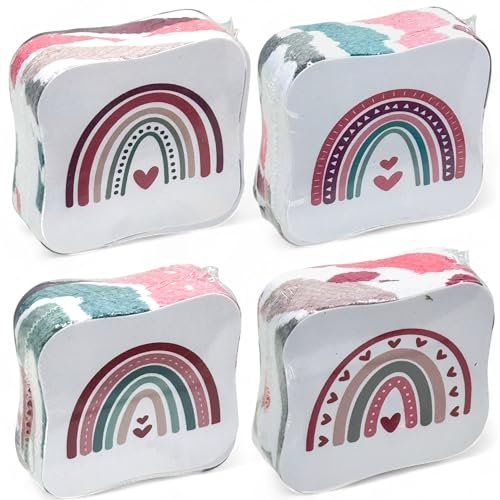 MIJOMA 4er Set Magische Waschlappen Magische Handtücher Zaubertuch Zauberhandtuch - Kinder Mitbringsel Mitgebsel Tombola - 100% Baumwolle, Entfaltet Sich in warmem Wasser (Herz-Regenbogen)