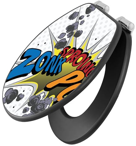 banjado WC Sitz Abstrakt & Muster mit Motiv Comic, Absenkautomatik leise, 38 x 46,5 cm O-Form, MDF Holz Toilettendeckel anthrazit, Klositz grau pflegeleicht für Badkomfort Motiv Comic