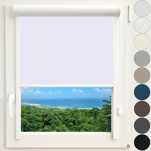 Kassettenrollo Thermorollo Verdunkelungsrollo Fenster Rollo mit Kassette und Führungsschienen zentimetergenaue Maßanfertigung Montage zum Kleben ohne Bohren Silberne Beschichtung Farbe Weiß