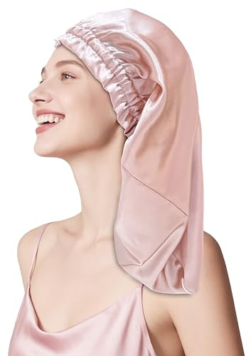 townssilk Bonnet de nuit en soie, 100% mûrier 22 momme, pour femme, luxueux, respirant, tient bien toute la nuit & sans pression, idéal pour cheveux longs et bouclés – DustyPink 58cm