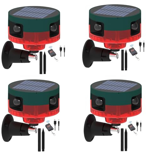 Solare allarme sensore di movimento da esterno - allarme del rivelatore di movimento di 360 °, 129db rumorista forte, registrazione di sostegno, per i giardini, fattorie (rosso-4pacco)