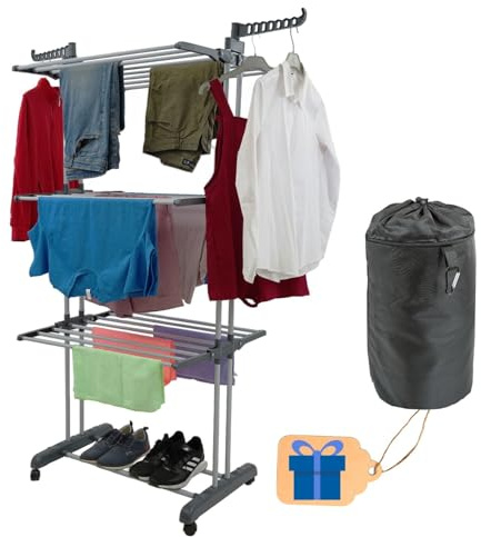 LIVOOL®️ Tendedero Vertical Plegable + Bolsa para Pinzas | Tendedero Vertical 4 Niveles con Ruedas para Interior o Exterior (Gris y Gris Metalizado)