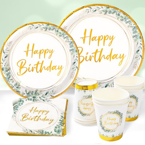 QIFU Stoviglie per Feste di Compleanno Eleganti - 96 Pezzi Piatti e Bicchieri per Feste di Compleanno Verde Salvia Inclusi Piatti Carta Tovaglioli Bicchieri Stoviglie per Feste di Compleanno 24 Ospiti