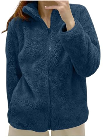 Manteaux Polaire Zippée pour Femme Veste Polaire Femme Sans Capuche Mode en Peluche Épaissir Blouson Chaud Hiver Décontractée Doux Ample Manche Longue Couleur Unie Mode Hiver Outerwear avec Poches