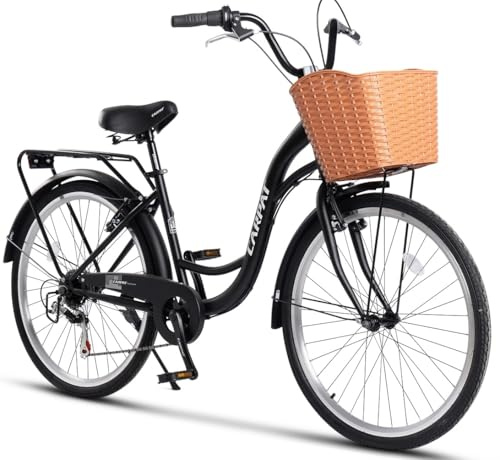 kozamas Bicicleta de ciudad de 26 pulgadas para adultos, 150 – 165 cm, 7 marchas y freno en V, bicicleta de trekking con portaequipajes y cesta delantera, 85% premontada, color negro
