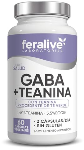 Feralive Laboratories GABA + Teanina 60 Cápsulas – Extracto de Té Verde con EGCG – Suplemento para Relajación, Estrés y Sueño