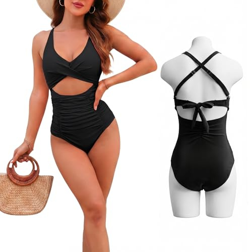 Bañador Reductor Mujer Barriga Trajes de Baño Una Pieza, Cuello en V Push Up Vientre Plano Ropa de Baño Elegante Control de Barriga Monokini (FR/ES, Letras, L, Regular, Regular, Negro)
