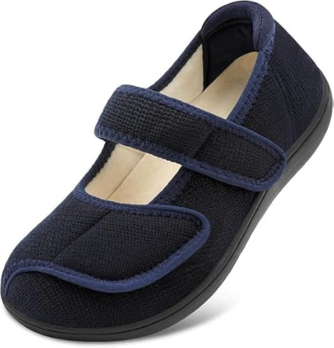 JIASUQI Slippers for Womens Wide Barefoot Diabetic Shoes Adjustable Walking Shoes for Edema Swollen Arthritis Elderly Indoor Outdoor(NavyBlue 39,Size 6)