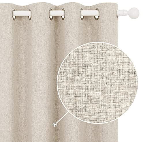 Deconovo 100% Blackout Curtains Faux Linen Eyelet Energy Saving Curtains for Childrens Bedroom Pale Khaki W46 x L90 Inch One Pair