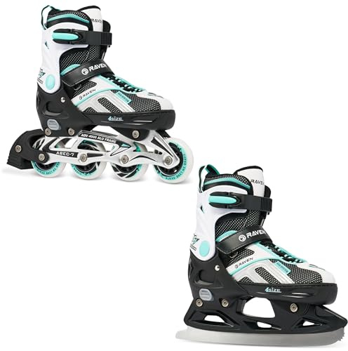 Raven Pulse Inline Skates Inliner für Kinder und Erwachsene OPTIONAL 2in1 mit Schlittschuhen verstellbar (Black/Mint mit Kufen, 33-36 (20-22,5cm))