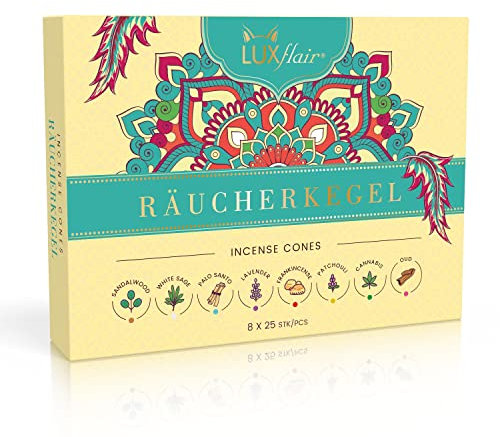 Räucherkegel Set, Mischung mit 8 Düften (je Packung 25 Kegel, insgesamt 200 Räucherkerzen), blumig, hölzig, klassisch, nachhaltige Produktion