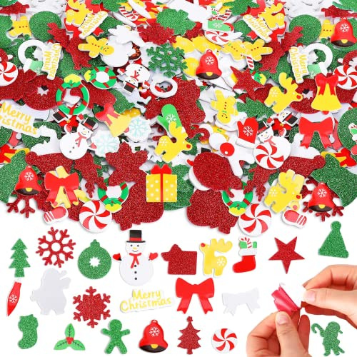 300 pegatinas de espuma coloridas decorativas a granel mini pegatinas autoadhesivas con purpurina para manualidades, tarjetas de felicitación, suministros de decoración del hogar (estilo navideño)