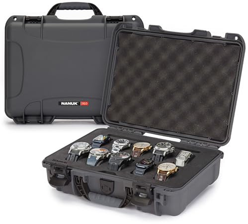 NANUK 910 - Maleta de Cabina Impermeable para Relojes, 10 Compartimentos, Resistente a Golpes y Polvo, Interior de Espuma Premium (36,3 × 28,2 × 12 cm) (Grafito)