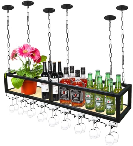 YTLEMON Soporte para Copa de Vino Colgante Industrial - Altura ajustable Techo Botellero, Metal negro Soporte de Copas Sostenedor para Bar Cafe Cocina estanterias almacenaje (100cm)