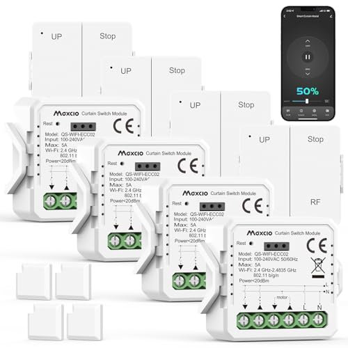 Maxcio Smart Rolladenschalter mit RF-Fernbedienung, WLAN Rolladensteuerung Relais Modul mit Timer, Prozentfunktion, Sprachsteuerung, Kompatibel mit Alexa, Echo, Google Home, 4 Packs