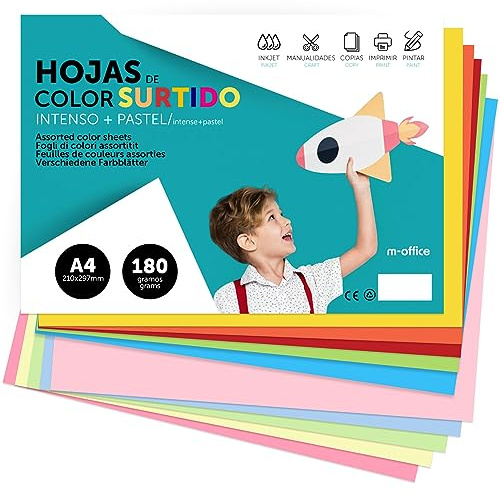 Cartulina de Colores, Cartulina A4 Colores Surtidos, Folios de Colores 180gr para Manualidades, Imprimir Documentos y Diseños Creativos, Folios de Colores A4 · m-office (x10 Surtido Intenso+Pastel)