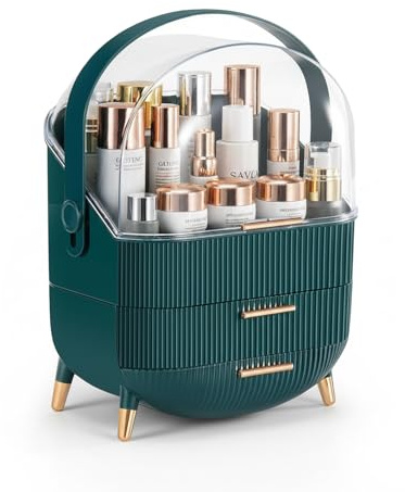 SIOOUI Organizer per trucco, Organizer per cosmetici con copertura trasparente e scatola di stoccaggio a due livelli, Organizer per prodotti per la cura della pelle per piano di lavoro del bagno