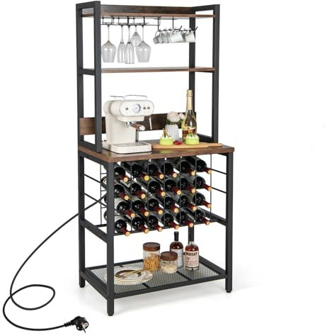 COSTWAY Mobile Bar Vino, Portabottiglie Industriale con 4 Ripiani, Porta Calici, Porte USB e Prese, con Struttura in Metallo Robusto, 75,5 x 48 x 163 cm