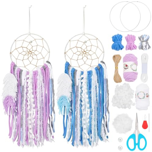 BEUNITONE DIY Two-Color Dreamcatcher Kit 2 Set 19.69“ x 5.91“ Boho Purple Blue Wool Yarn Handmade Dream Catcher for Beginner Dream Catcher for Women Gifts DIY Wall Decor for Bedroom, Livingroom
