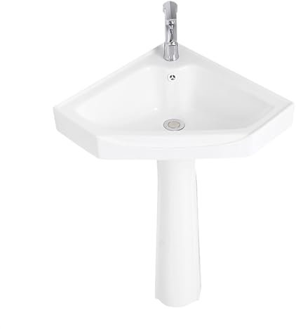 Badezimmer-Waschbecken Zweiteiliges Eckwaschbecken mit Standfuß for kleine Räume, bodenstehender Keramik-Badezimmerwaschtisch, dreieckige weiße Säulenbecken-Badezimmerwaschbecken-Kombination Standwasc