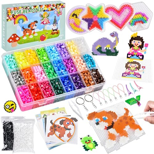 DazSpirit 6300pcs Fuse Beads Craft Kit, 26 Colours 5mm Fuse Beads with 104 Pattern Sheets Arts and Crafts for Kids, Comes with Tweezers, Pegboards, Ironing Papers, Iron Bead Art Craft Kits for Kids