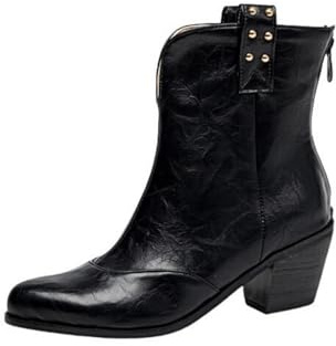 smlekwc Mujer Punta Puntiaguda Botines Tacón Medio Grueso Botas Vaqueras Occidentales Cuero Botines Cortos Chelsea con Cremallera,Negro,43.5 EU