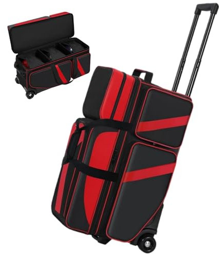 Cxinesbag 3 Ball-Bowlingtaschen mit Rollen, Bowlingtaschen, 3 Ballrollen mit Schuhfach und Mehreren Taschen, 3 Ball-Bowlingtaschen mit einziehbarem Griff, ausziehbar auf 105,4 cm, Rot