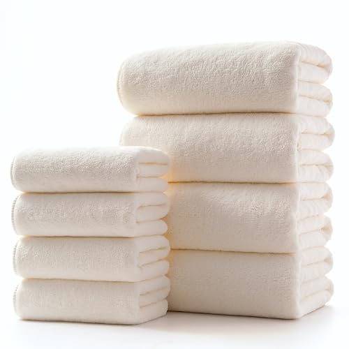 Lumimi Towel Set of 8 Very Soft Microfiber 4 Bath and 4 Hand Towels Quick Dry Light Weight for Bathroom Gym Salon, 8 Pack Cream White