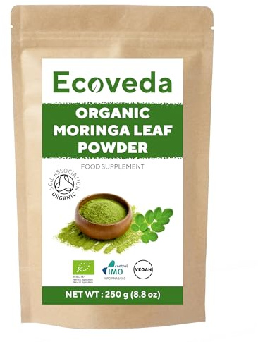 Foglie di moringa biologica in polvere, 250 g, coltivate biologicamente, certificate Soil Association, foglie di moringa in polvere, testate per metalli pesanti