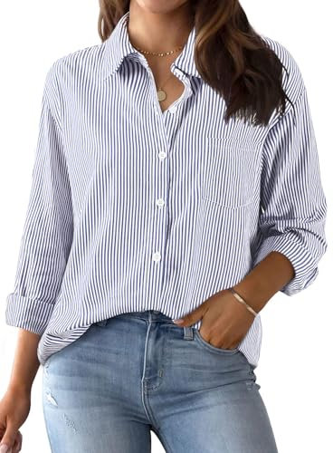 Lonya Bluse Damen Sommer Elegant Shirts Langarm Hemdbluse V-Ausschnitt Gestreifte Blusen Tunika Hemd Oberteile Tops Blau,L