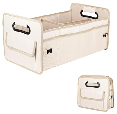 DYUEE Car Trunk Organizer Storage with 8 Pockets Collapsible(Beige) | Multi Compartment Waterproof Adjustable Straps for SUV, Truck, Sedan, Minivan
