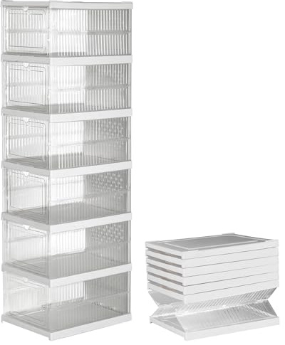 6x Cajas de almacenamiento plegables y apilables | Zapatero | Organizadores de plástico transparente con puerta abatible | Diseño modular, ventilado y resistente para guardar zapatos ropa accesorios