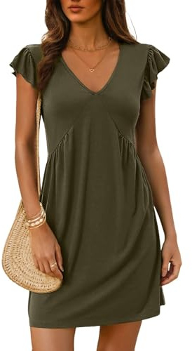 EIRUKON Abito Estivo Donna Elegante Scollo a V Vestito Corto Maniche Corte con Volant Abiti Casual Vestiti da Spiaggia di Linea A,Verde Esercito,S