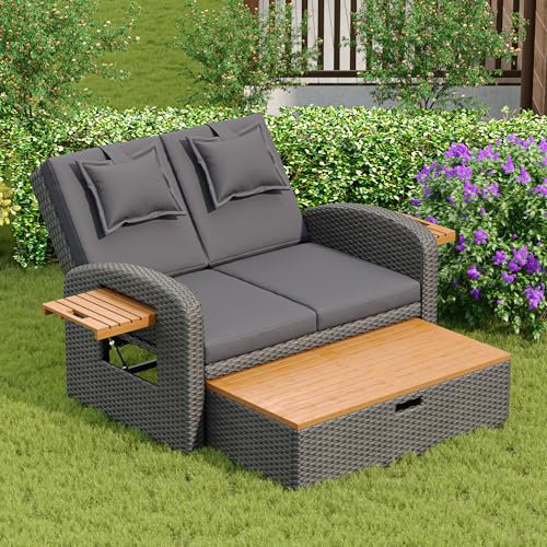Jtyca Garten Lounge Sessel Set für 2 Personen, Terassenmöbel Außen, Rattan Gartenmöbel Set, Verstellbare Rückenlehne, mit Fußhocker Oder als Outdoor Bett Nutzbar, mit Kissen und Sitzkissen, Graue