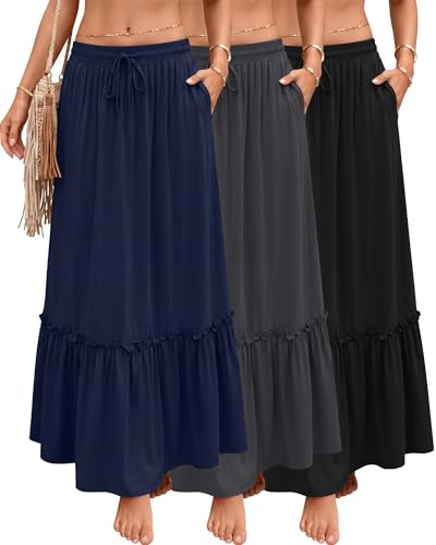 Ficerd Pack de 3 Faldas Maxi Boho para Mujer, Falda Larga de Capas con Volantes, Cintura Alta con Cordón, Vestido Casual con Bolsillos