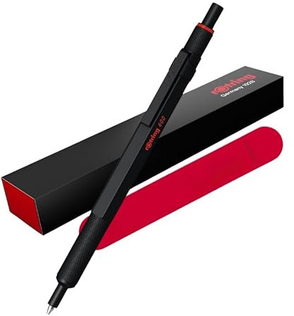 rOtring 600 Gel Pen & Velvet Case | 0.55 mm | Black Ink | Black Metal Body Pen | Non-Slip Knurled Grip & Hexagonal Barrel | Refillable