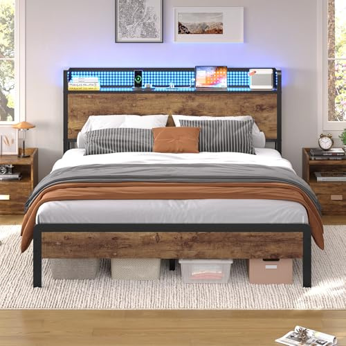 KIMENICH Strutture Letto 140 x 200 con illuminazione a LED, Telaio Letto 140 x 200 Doghe in Metallo, Lettos in Metallo con Stazione di Ricarica, Spazio Sotto il Lettos, Marrone Vintage