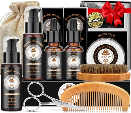 Christmas Gifts for Men,XIKEZAN Beard Care & Trimming Kit with Sandalwood Beard Oil, Wash, Conditioner, Balm,Brush,Unique Valentines Thanksgiving Birthday Gifts for Husband Dad,Mens Stocking Stuffers