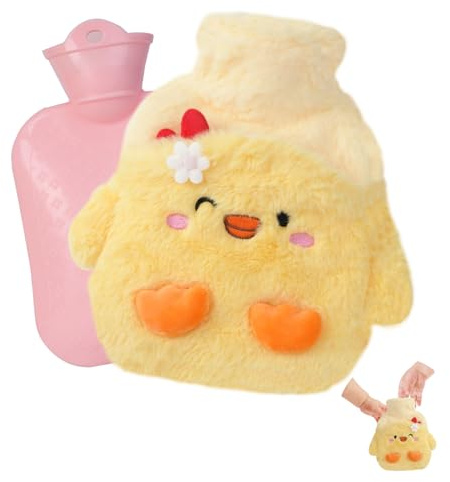 Flintronic 400ml Borsa Acqua Calda, borsa dell'acqua calda, con morbida fodera in pelliccia, rimovibile per la pulizia, borsa dell'acqua calda calda per scaldamani e piedi(Anatra gialla)