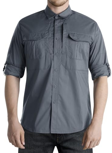 Flyplus Camisa funcional de manga larga para hombre, protección UV, para exteriores, transpirable, con botones, para tiempo libre, para el tiempo libre