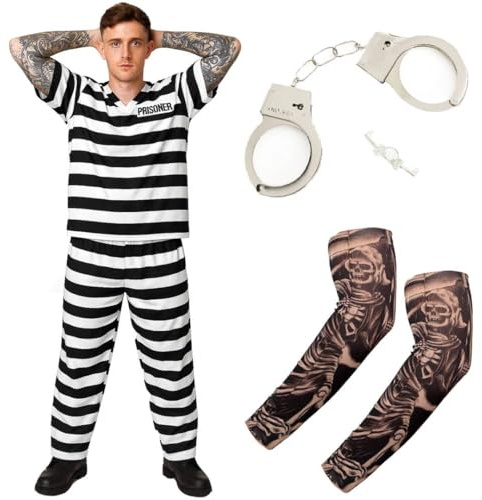 Disfraz de convicto a rayas para adultos, traje de prisionero con puños y mangas de tatuaje, disfraz de Halloween para adultos y adolescentes