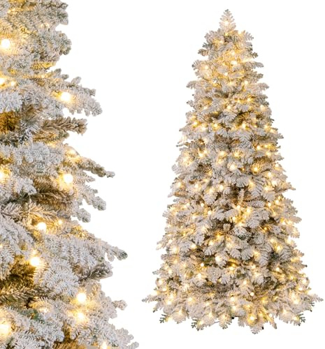 COSTWAY 210 cm konstgjord julgran med belysning och snö, gran med 160 gnistrande kulor, varma vita LED-lampor, 8 ljuslägen och metallstativ, julgran, konstträd, jul