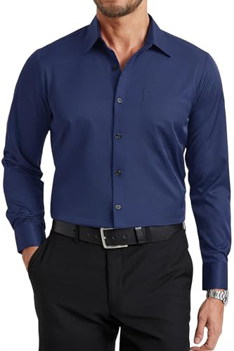 Enlision Camicia Blu Marino Uomo Maniche Lunghe No Stiro Elasticizzata Antipiega Taglio Regolare con Bottoni e Tasca per Ufficio Cerimonia Formale L