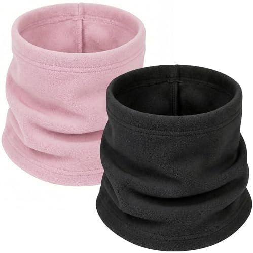 Leamekor 2 Pack Kids Neck Warmer Gaiter Winter Fleece Face Neck Cover Balaclava Cold Weather Windproof Face Mask for Boys Girls (Black, Pink)