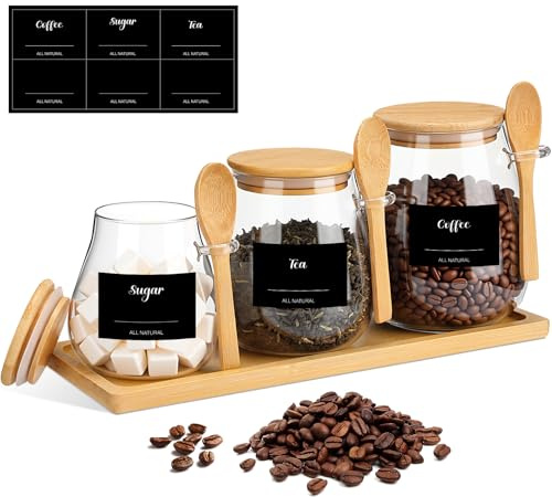 Suclain 3 Pcs Glass Coffee Container with Wooden Lid Spoon Tray Shelf Labels Clear Airtight Glass Jar Storage Container Set for Coffee Beans Tea Leaves Grains Dried Fruits Sugar Spice (16oz 28oz 38oz)