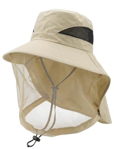 Cappello a rete per la testa del moscerino, in nylon kaki, con cappello, rete portatile per il viso, insetti, moscerini, copertura per il viso, cappelli da sole con rete, ad asciugatura rapida